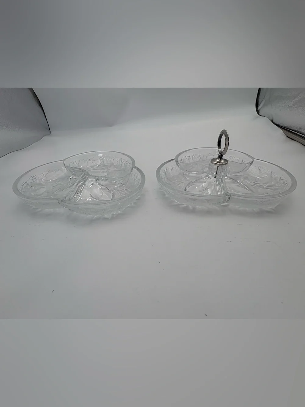 Gorgeous Vintage Crystal Divided Serving Dish Pair In Frosted Rose Pattern